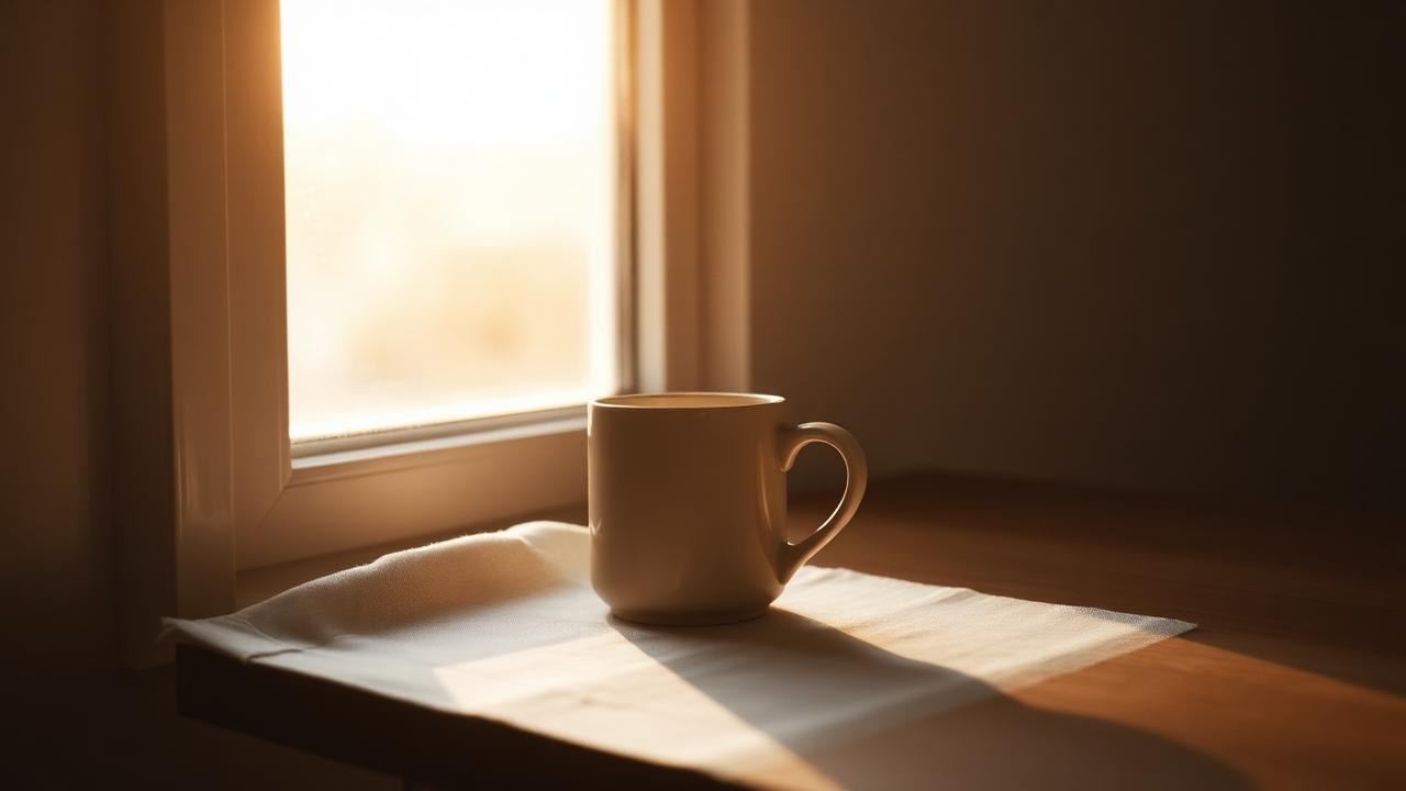A mug of tea on a sunlit windowsill at sunrise