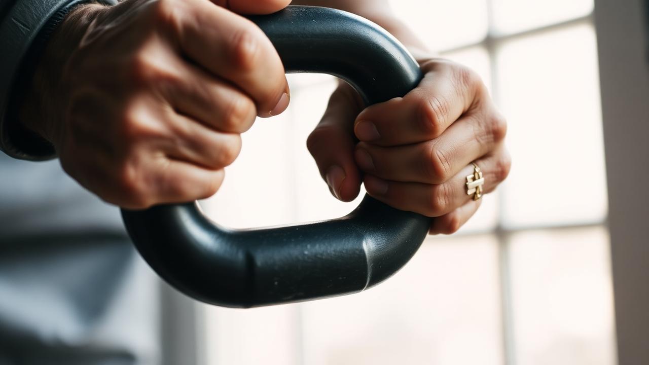 Close-up of an older person's hands gripping a kettlebell handle