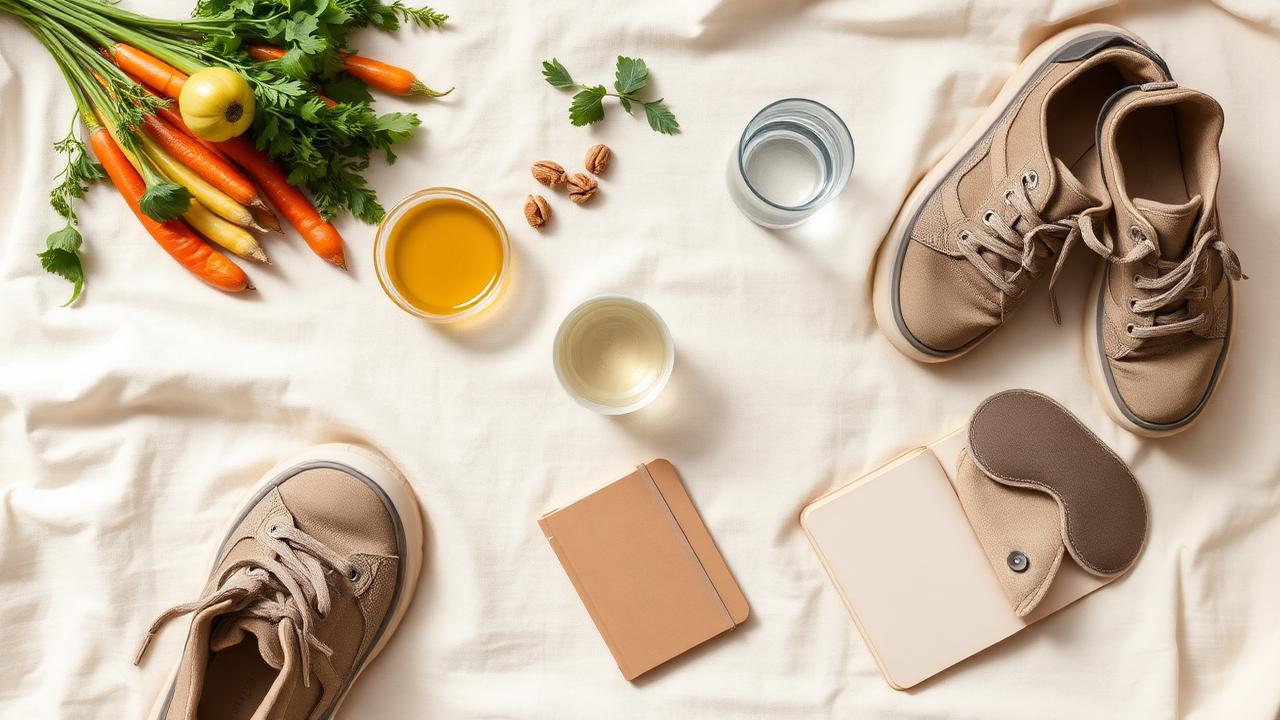 Vegetables, olive oil, walking shoes, water and a sleep mask laid out on linen