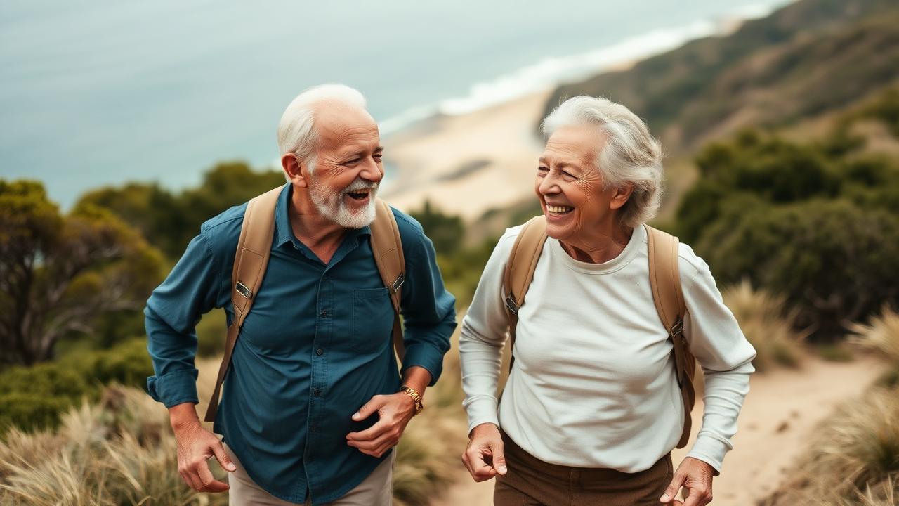 An older couple laughing together on a coastal hiking trail