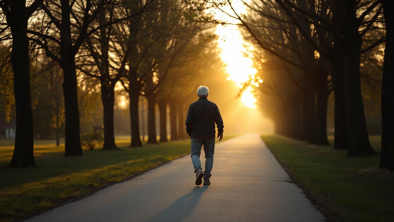 A person in their sixties walking a tree-lined path at sunrise